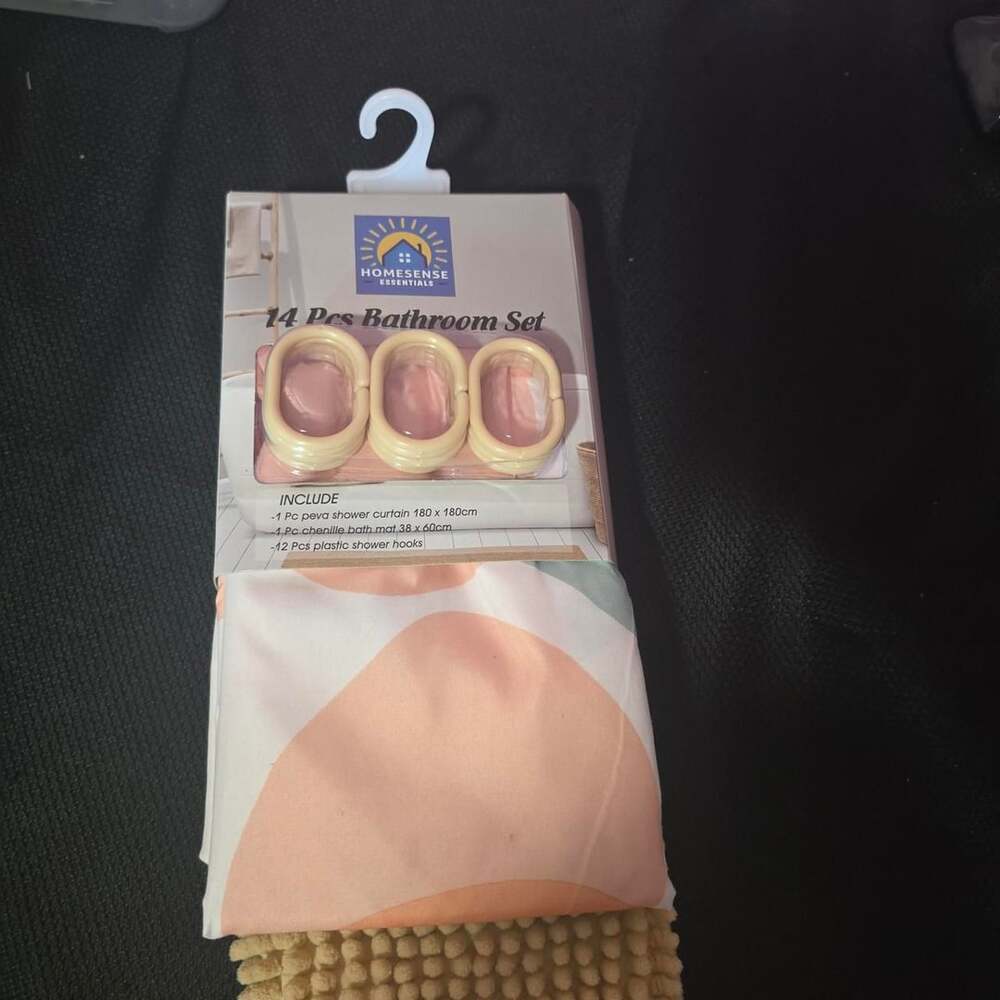 HomeSense Essentials 14 Pcs Bathroom Set Shower Curtain Mat Hooks New